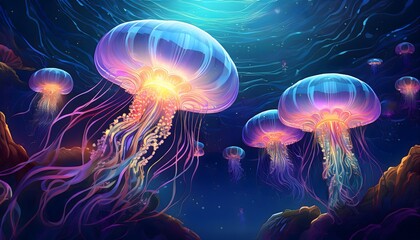 Naklejka premium A surreal underwater wallpaper featuring glowing, bioluminescent jellyfish.