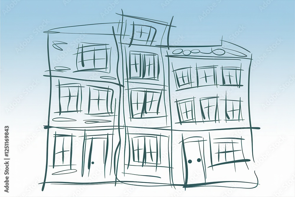 Poster sketch of a three-story building with multiple windows and a door, drawn in a simplistic style again