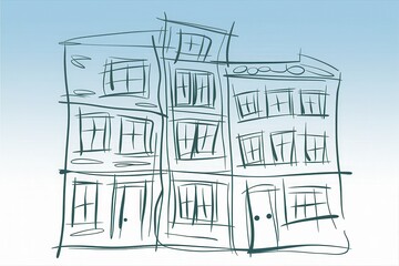 Sketch of a three-story building with multiple windows and a door, drawn in a simplistic style against a light blue background.