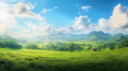 Obraz premium Serene Landscape Featuring Lush Green Fields and Distant Mountains