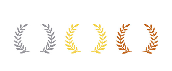 gold silver bronze laurel wreath medal award set. Colorful leaf floral luxury champion emblem icon set.