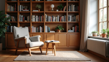 Cozy reading nook with built-in bookshelf, comfortable armchair, and natural lighting. Perfect home library setting with indoor plants. AI Generation.