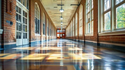  Expansive school corridor showcasing contemporary furniture in a modern educational building interior