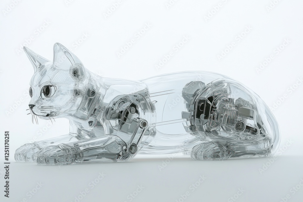 Poster an innovative robotic cat design features transparent materials and intricate mechanisms, highlighti