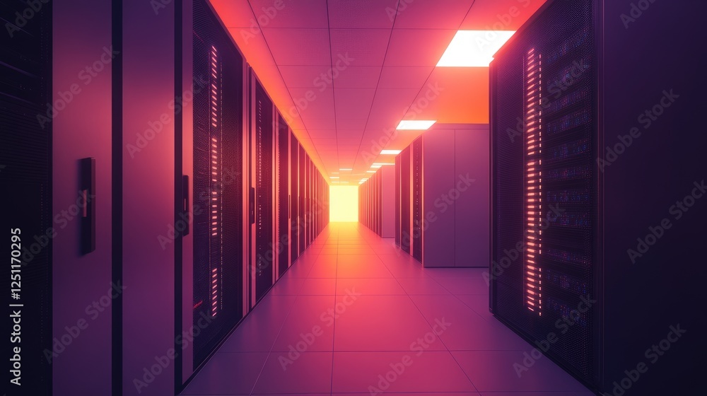Poster big data processing center with glowing servers and analytical graphs.