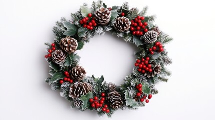 A festive wreath adorned with pine cones and red berries, perfect for the holiday season and home decoration.
