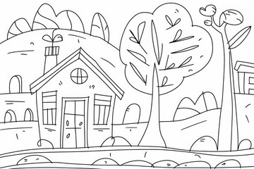 Obraz premium Charming House in a Quaint Landscape: A Simple Line Art Drawing