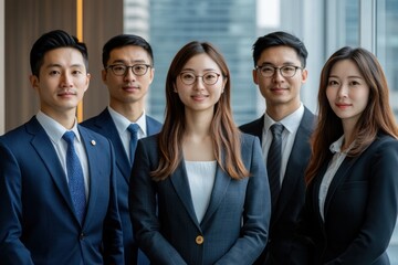 Fototapeta premium Office workers showcase teamwork and professionalism in a contemporary workspace with city views, dressed in tailored suits