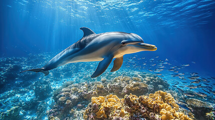 Obraz premium Dolphin swims above coral reef in clear blue ocean with sun rays