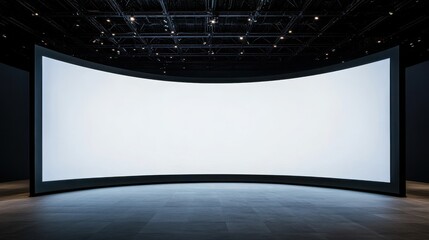 A spacious modern exhibition hall with a large curved screen, ideal for presentations, showcasing art, or film screenings.