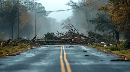 Storm damage blocks rural road, trees down, foggy