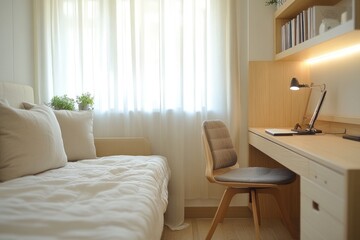 Bright and airy bedroom showcases modern minimalist design with a cozy bed, workspace, and soothing natural light from large windows