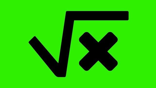 video animation black square root math symbol with a variable X drawn, on a green chroma key background