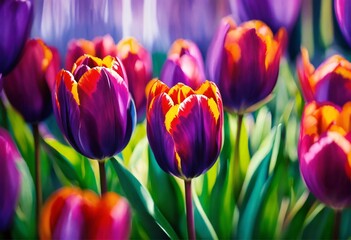 Purple-yellow tulips grow in a field. Concept of International Women's Day