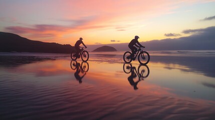 Fototapeta premium Sunset beach cycling, friends ride, coastal reflection, leisure activity