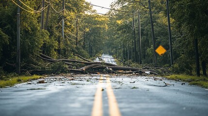 Storm damage blocks road; trees down, wet asphalt