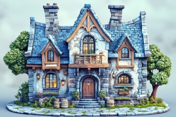 Visualize a whimsical two-story building designed in a low-poly fantasy style featuring intricate stonework, wooden accents, and a welcoming facade