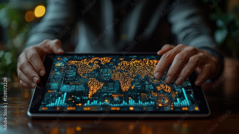 Poster businessman using tablet showing world map with data. possible use stock photo for business presenta