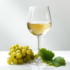 Fresh green grapes next to a glass of white wine on a clean surface with natural lighting