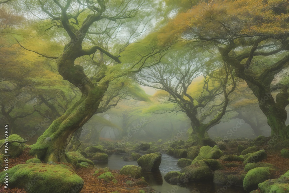 Poster misty forest with twisted trees and moss-covered rocks in a tranquil setting during autumn