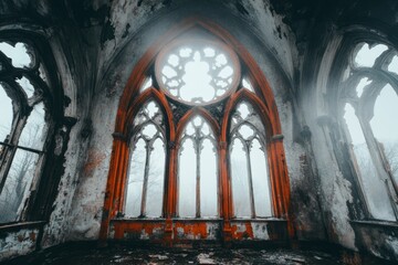 Fototapeta premium A haunted castle eerie main hall, filled with cobwebs, shadows, and mysterious whispers