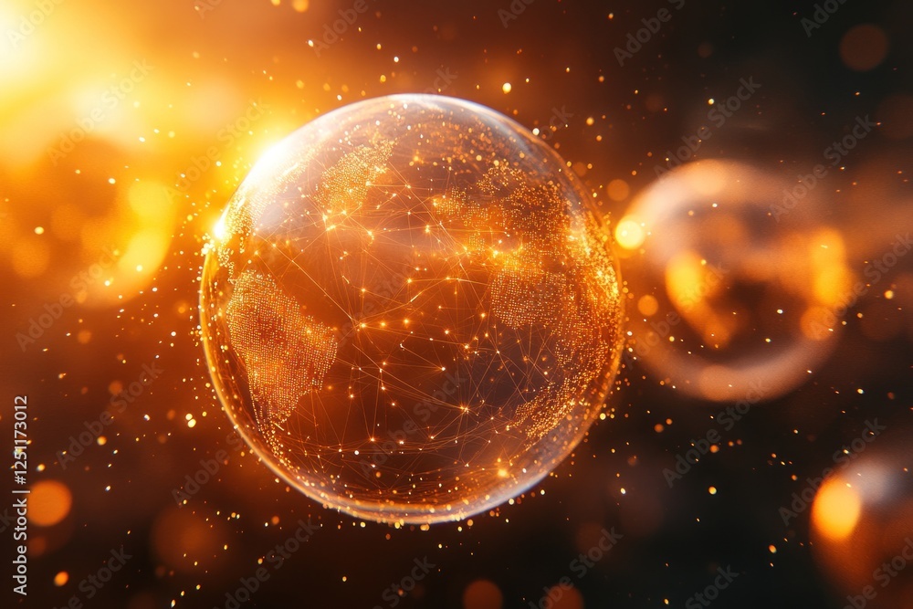 Poster abstract depiction of global business connections featuring a glowing globe interconnected by digita