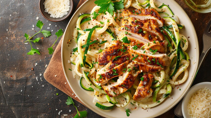 Chicken Alfredo with zucchini noodles: A low-carb dish featuring tender chicken in a creamy Alfredo sauce atop spiralized zucchini, finished with parmesan cheese.