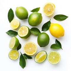 Colorful assortment of fresh lemons and limes arranged with green leaves on a white background