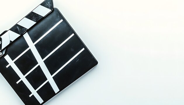 A slightly dusty film clapperboard rests on a white background