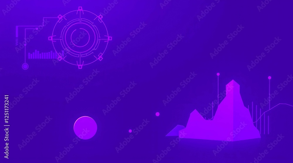 Poster a purple background with a circle and a mountain. the circle is surrounded by a bunch of dots and th