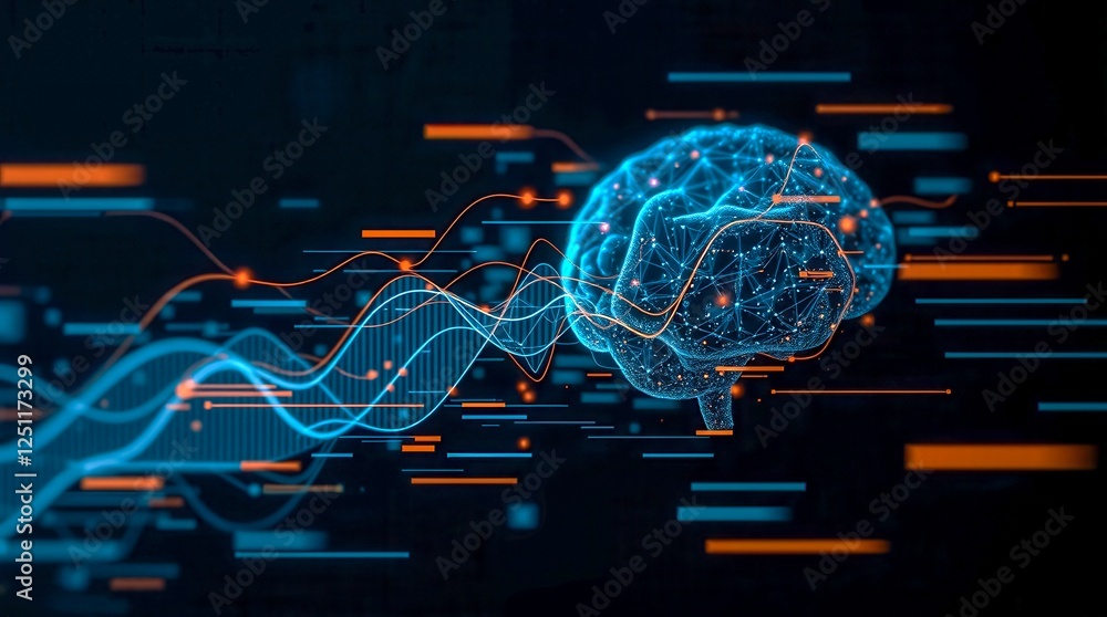 Poster a brain is shown in a computer generated image with a blue and orange background. the brain is surro