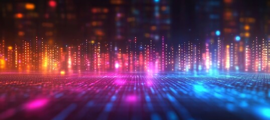 Abstract Technology Background, Futuristic Cityscape, Data Visualization with Glowing Lights