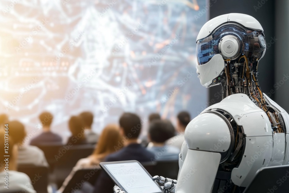 Poster A high-tech futuristic speech where a holographic AI delivers a keynote address to an audience of robots and humans