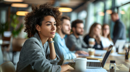 A group of professionals engages in a personal growth seminar over Zoom, each seated at their desk with notebooks, coffee cups, and the seminar speaker visible on their laptop screens.