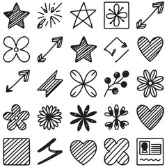 Cute line sketch star, arrow, heart decoration element icon set. Hand drawn sketch doodle cute star, emphasis, flower element. Pen line text decoration shape icon. Hand drawn vector illustration.