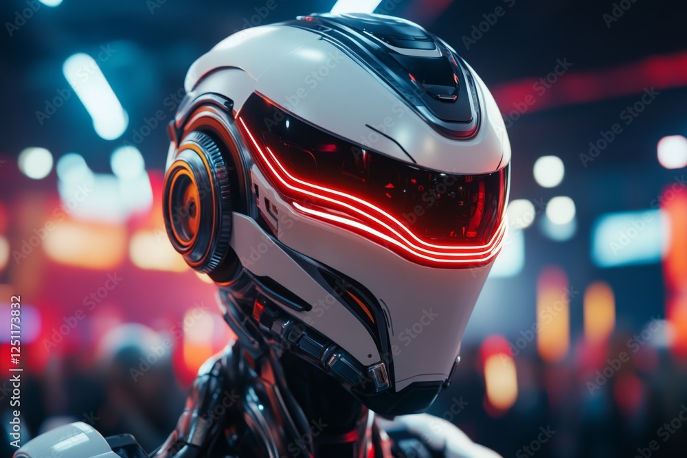 Poster A high-tech futuristic speech where a holographic AI delivers a keynote address to an audience of robots and humans