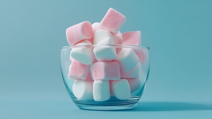 Realistic close-up of soft pink and white marshmallows in a glass bowl, minimal design on a pastel blue background