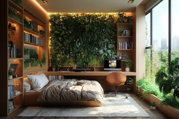 Fototapeta premium A student room features a cozy bed, a natural plant wall, and a workspace that blends functionality and nature in a bright, modern setting