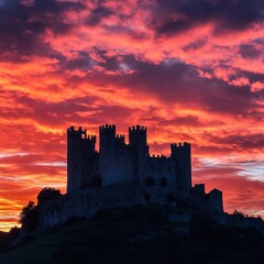 Obraz premium Majestic silhouette of a medieval castle against a vibrant sunset sky in Spain's countryside