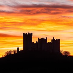 Obraz premium Majestic castle silhouette against vibrant sunset sky with orange and purple hues in a serene landscape