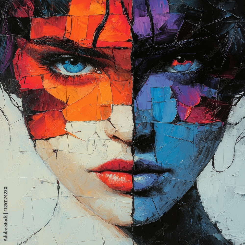 Poster artistic representation of a split face showcasing contrasting colors and emotions in a modern artis