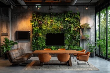 A stylish office space features a green wall filled with plants, modern furniture, and large windows, promoting a harmonious work environment