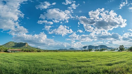 Obraz premium Lush Green Field Under a Blue Sky With Rolling Hills and a Small House