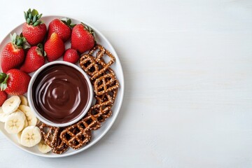 Indulging in chocolate fondue delight a high-angle view of a chocolate fondue set with fresh strawberries and pretzels in a cozy home kitchen environment