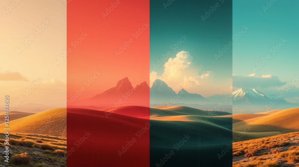 Poster a series of four images of a desert landscape with mountains in the background. the colors are brigh