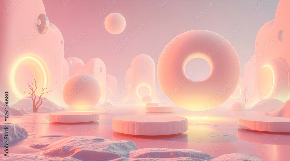 Poster a pink and white space with many circles and spheres. the circles are of different sizes and are sca