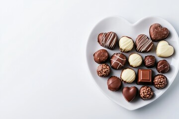 Delicious chocolate pralines arranged in a heart-shaped plate captured in an elegant studio setting high-angle view focused on indulgent confectionery art