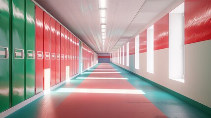 Modern school corridor with colorful lockers and seating area, 3d illustration