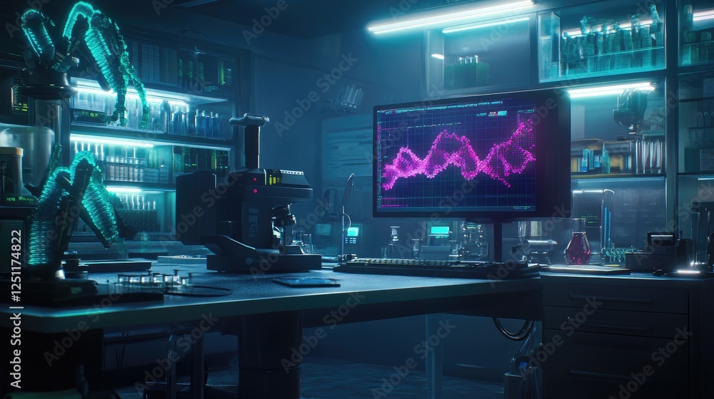 Poster cybernetic visualization of dna sequencing in a futuristic lab.