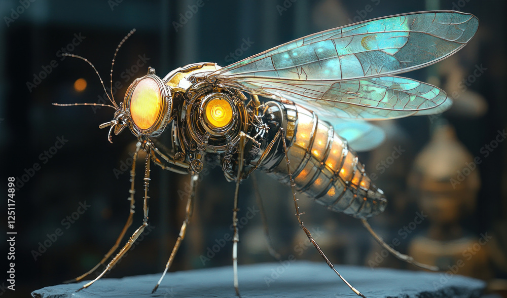 Poster a robotic mosquito blends art and engineering with advanced tech, featuring gleaming components and 